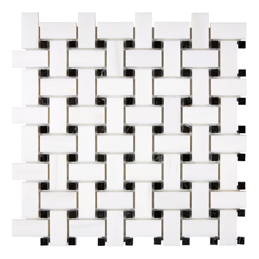Bianco Dolomite Basketweave Mosaic (w/ Black) Polished/Honed Backsplash Tile