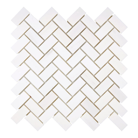 Bianco Dolomite 1’’ X 2’’ Herringbone Mosaic Round-Faced (CNC-Arched) & Honed Backsplash Tile