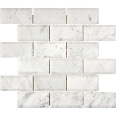 Bianco Carrara White Marble 2 X 4 Deep-Beveled Brick Mosaic Wall Tile