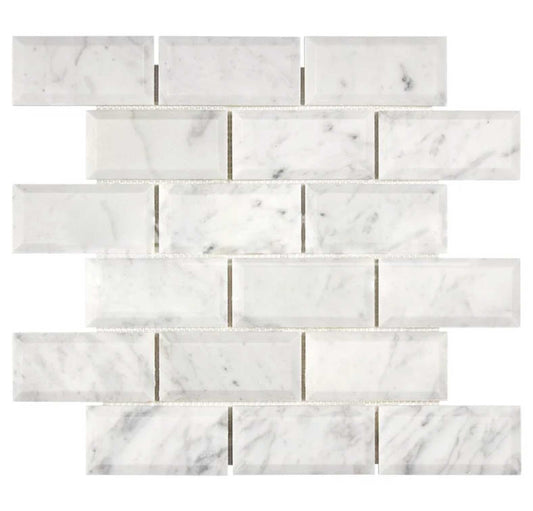 Bianco Carrara White Marble 2" X 4" Deep-Beveled Brick Mosaic