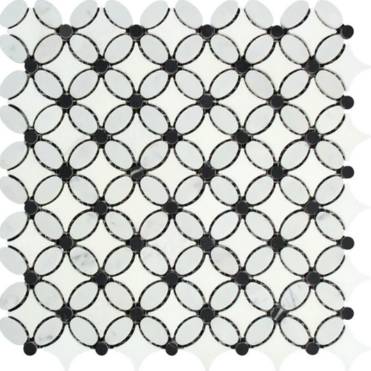 Bianco Carrara White Marble Florida Flower Mosaic (w/ Black Dots)