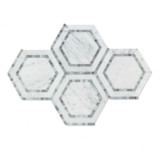 Bianco Carrara White Marble 5" X 5" Hexagon Combination Mosaic (w/ Blue-Gray)