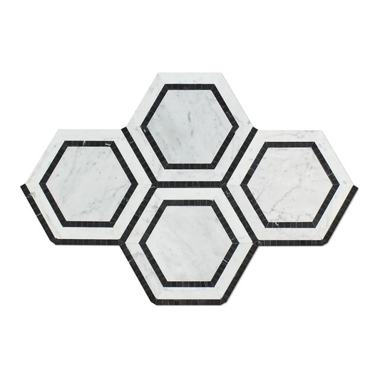 Bianco Carrara White Marble 5" X 5" Hexagon Combination Mosaic (w/ Black)