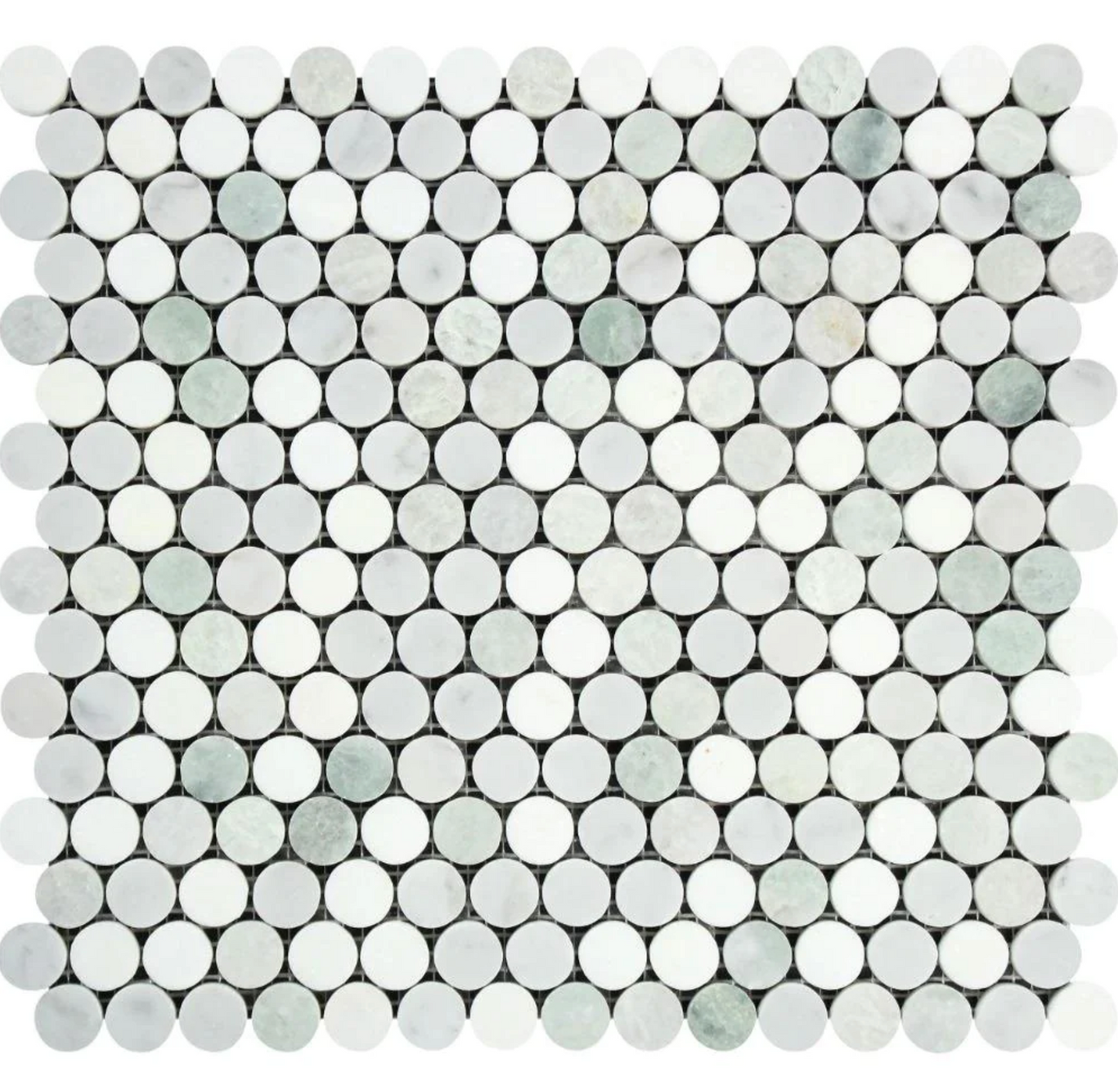 Bianco Carrara White Marble Penny-Round Mosaic (w/ Ming Green)