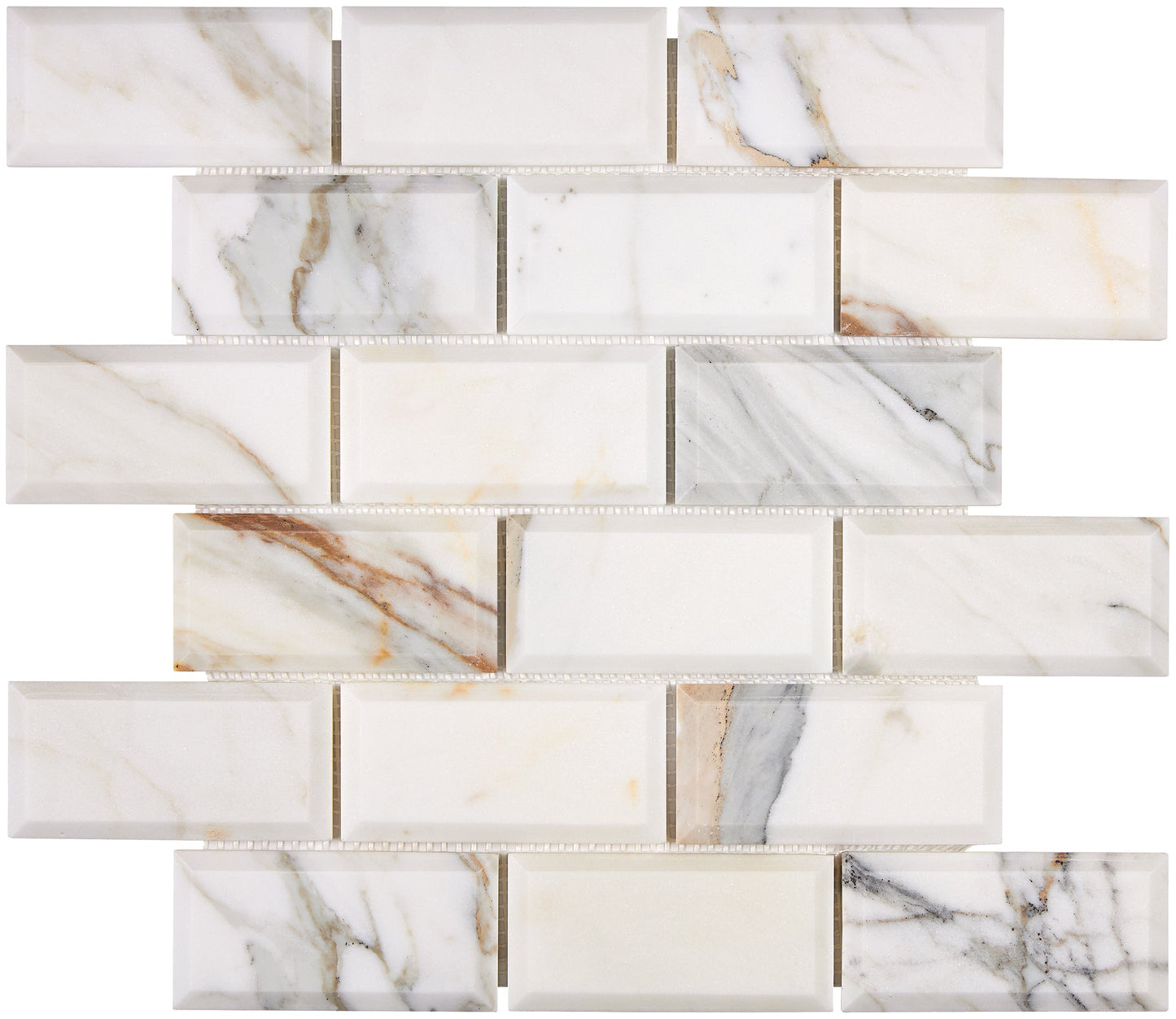 Calacatta Gold Marble 2’’ X 4’’ Deep-Beveled Brick Mosaic Wall Tile