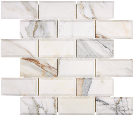 Calacatta Gold Marble 2’’ X 4’’ Deep-Beveled Brick Mosaic Wall Tile
