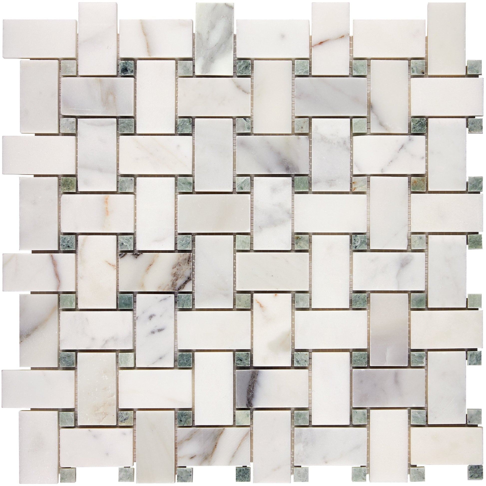 Calacatta Gold Marble Basketweave Mosaic (w/ Ming-Green) Wall Tile