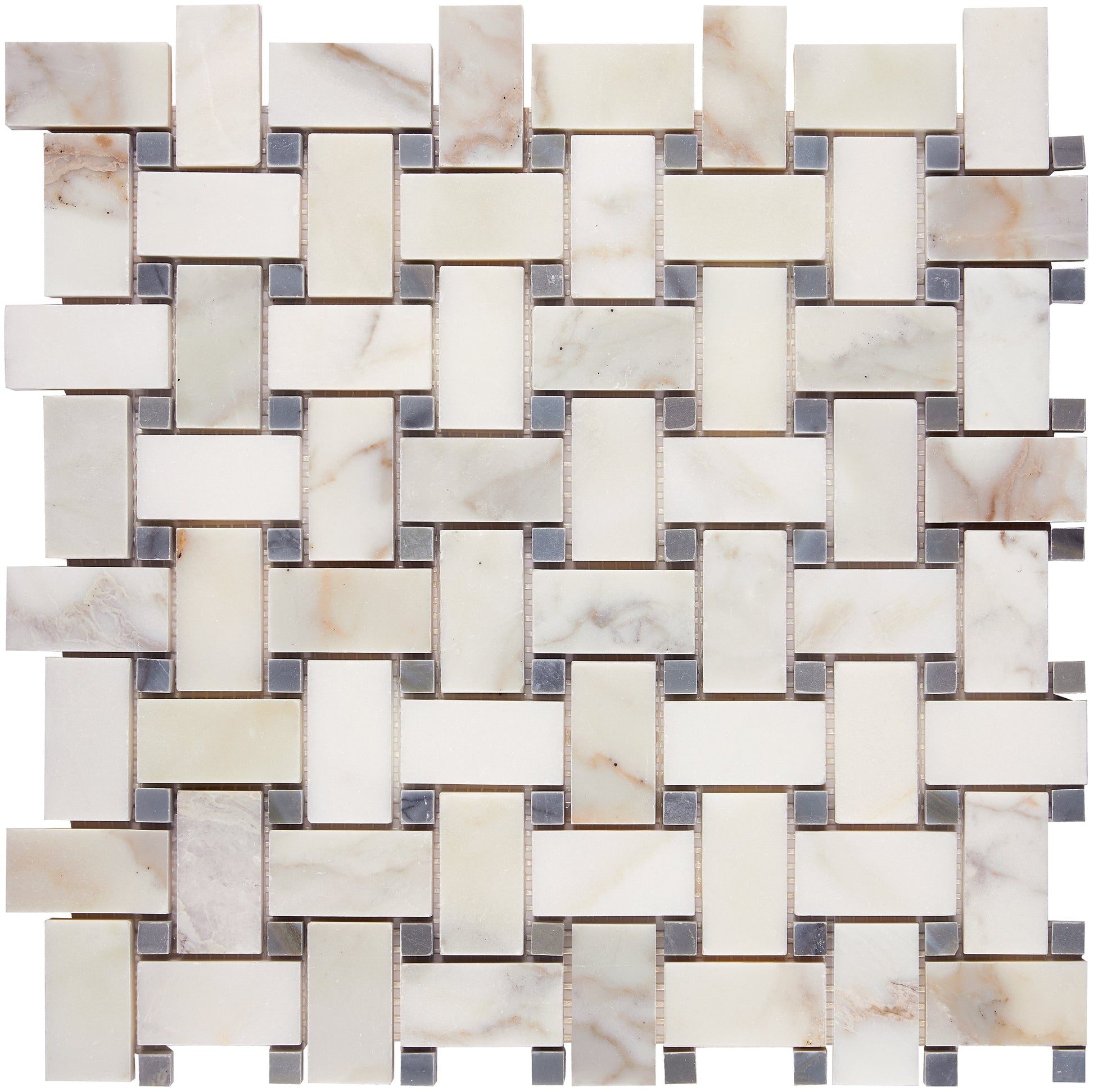 Calacatta Gold Marble Basketweave Mosaic (w/ Blue-Gray) Wall Tile