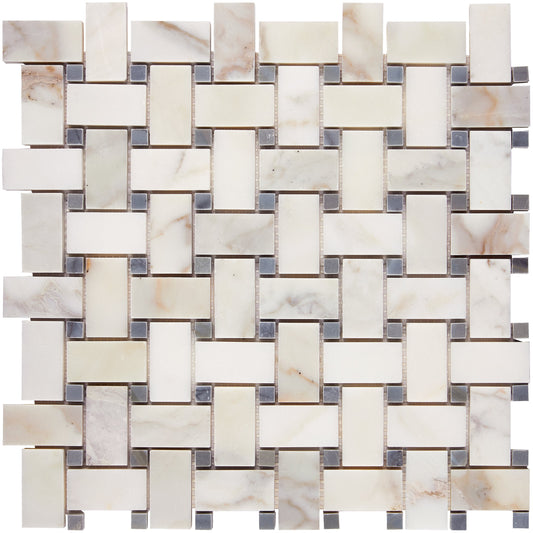 Calacatta Gold Marble Basketweave Mosaic (w/ Blue-Gray) Wall Tile