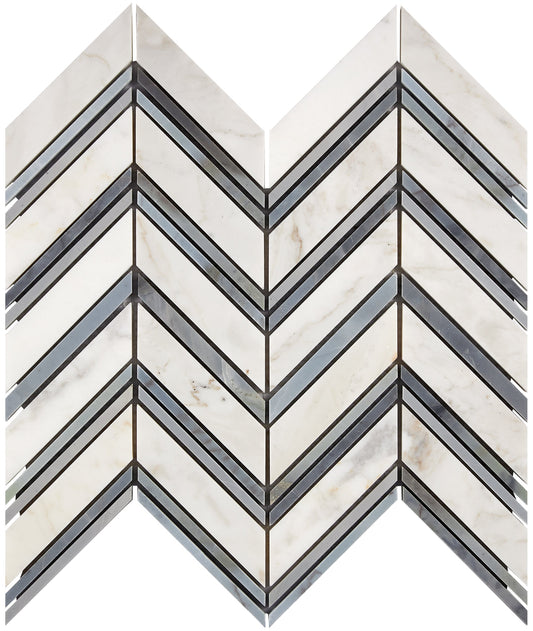 Calacatta Gold Marble Chevron Large Mosaic (w/ Blue-Gray) Wall Tile