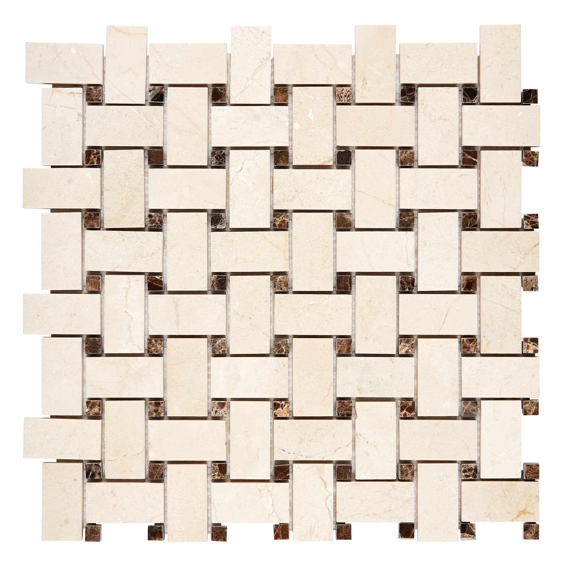 Crema Marfil Marble Basketweave Mosaic w/ Emperador Dark Dots Backsplash Tile