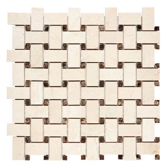 Crema Marfil Marble Basketweave Mosaic w/ Emperador Dark Dots Backsplash Tile