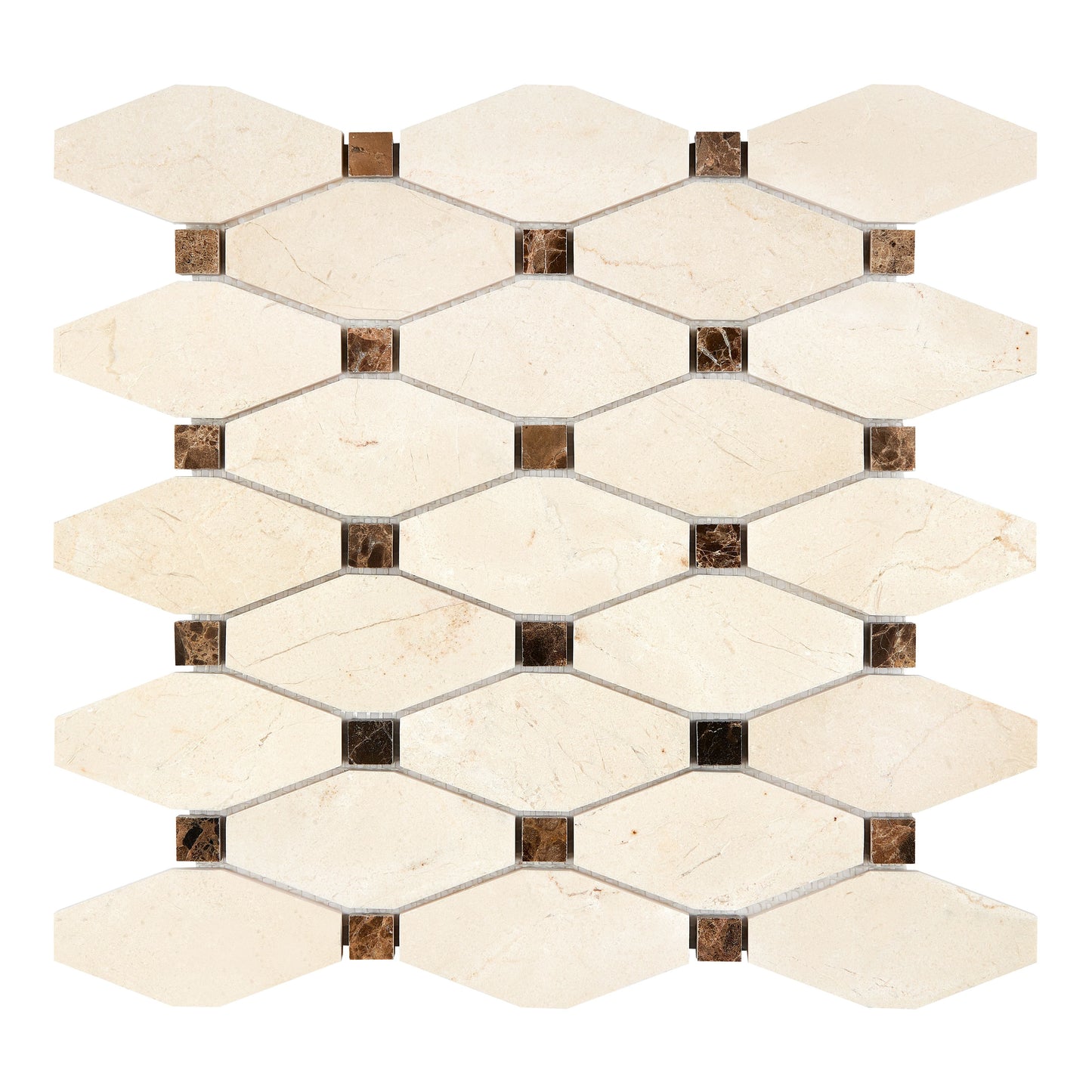 Crema Marfil Marble Long Octagon Mosaic (w/ Emp. Dark Dots) Polished/Honed Backsplash Tile