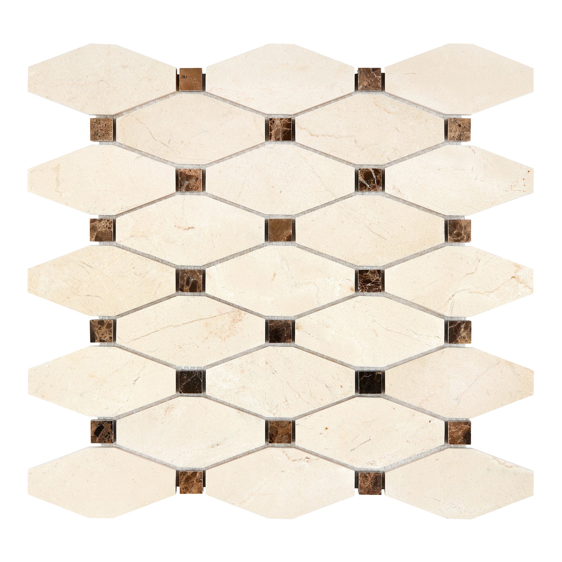 Crema Marfil Marble Long Octagon Mosaic (w/ Emp. Dark Dots) Polished/Honed Backsplash Tile