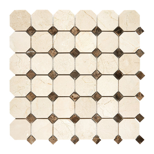 Crema Marfil Marble Octagon Mosaic (w/ Emp. Dark Dots) Polished/Honed Backsplash Tile