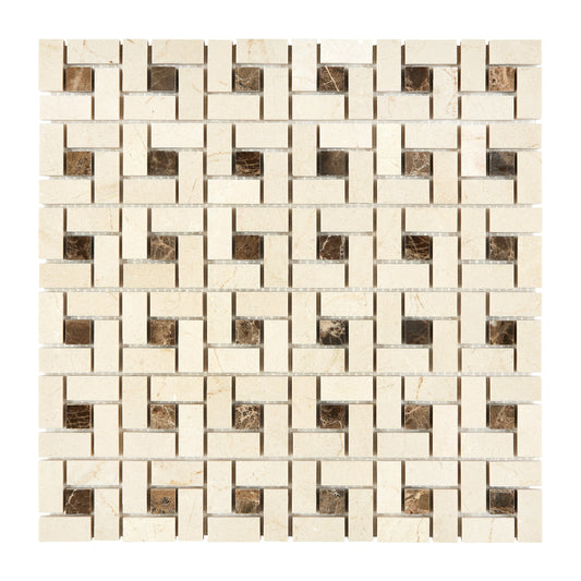 Crema Marfil Marble Pinwheel Mosaic (w/ Emp. Dark Dots) Polished/Honed Backsplash Tile