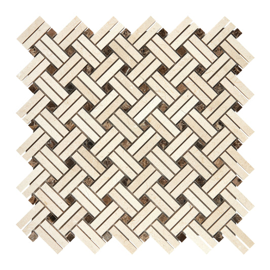 Crema Marfil Marble Stanza Mosaic (w/ Emperador Dark Dots) Polished/Honed Backsplash Tile