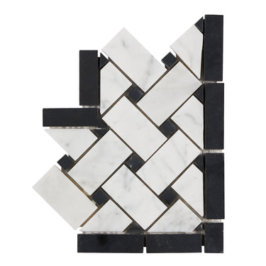 Bianco Carrara White Marble Basketweave Border Corner with Black Accent & Trim Tile