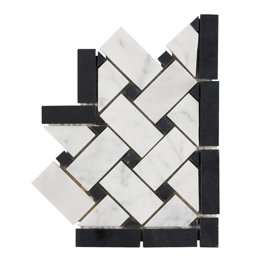 Bianco Carrara White Marble Basketweave Border Corner (w/ Black) Accent & Trim Tile