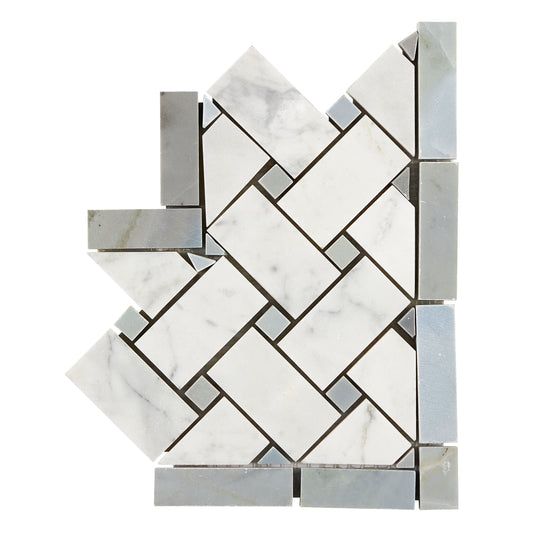 Bianco Carrara White Marble Basketweave Border Corner (w/ Blue-Gray) Accent & Trim Tile