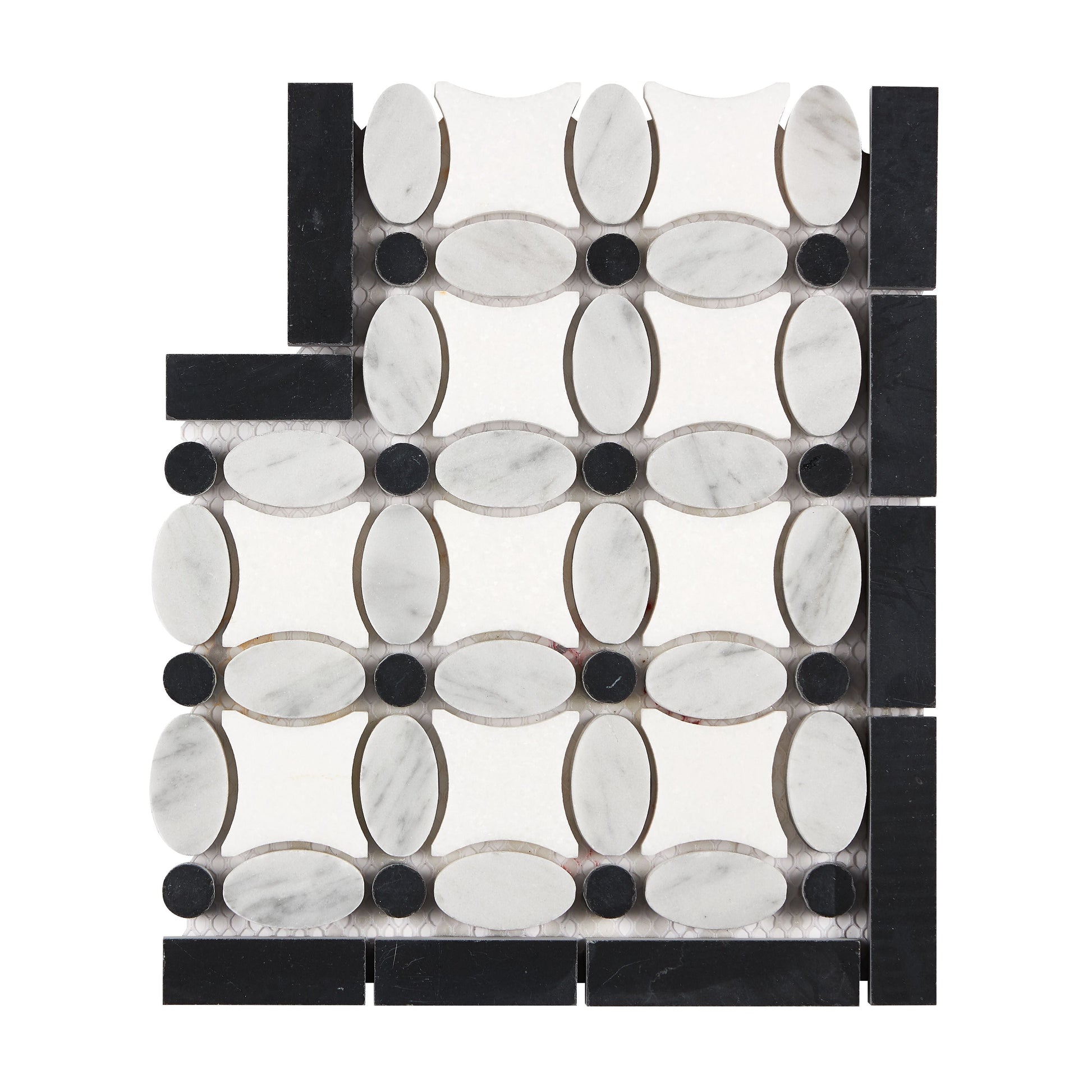 Bianco Carrara White Marble Florida Flower Border Corner (w/ Black) Accent & Trim Tile