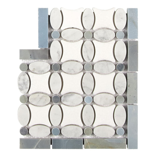Bianco Carrara White Marble Florida Flower Border Corner (w/ Blue-Gray) Accent & Trim Tile