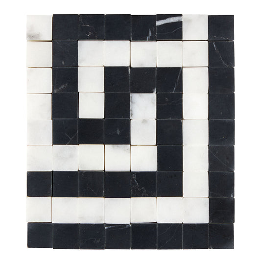 Bianco Carrara White Marble Greek Key Border Corner (w/ Black) Accent & Trim Tile