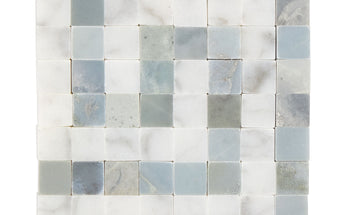 Bianco Carrara White Marble Greek Key Border Corner with Blue-Gray Accent & Trim Tile