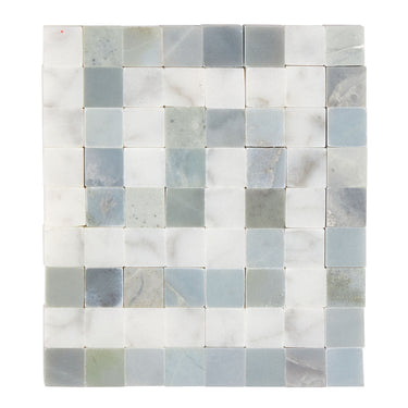 Bianco Carrara White Marble Greek Key Border Corner with Blue-Gray Accent & Trim Tile