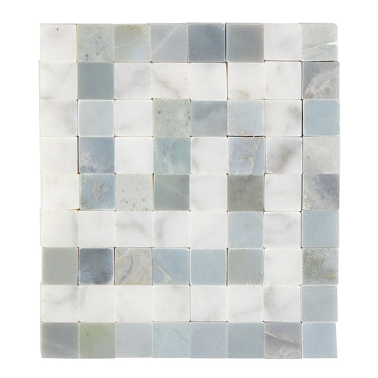 Bianco Carrara White Marble Greek Key Border Corner (w/ Blue-Gray) Accent & Trim Tile