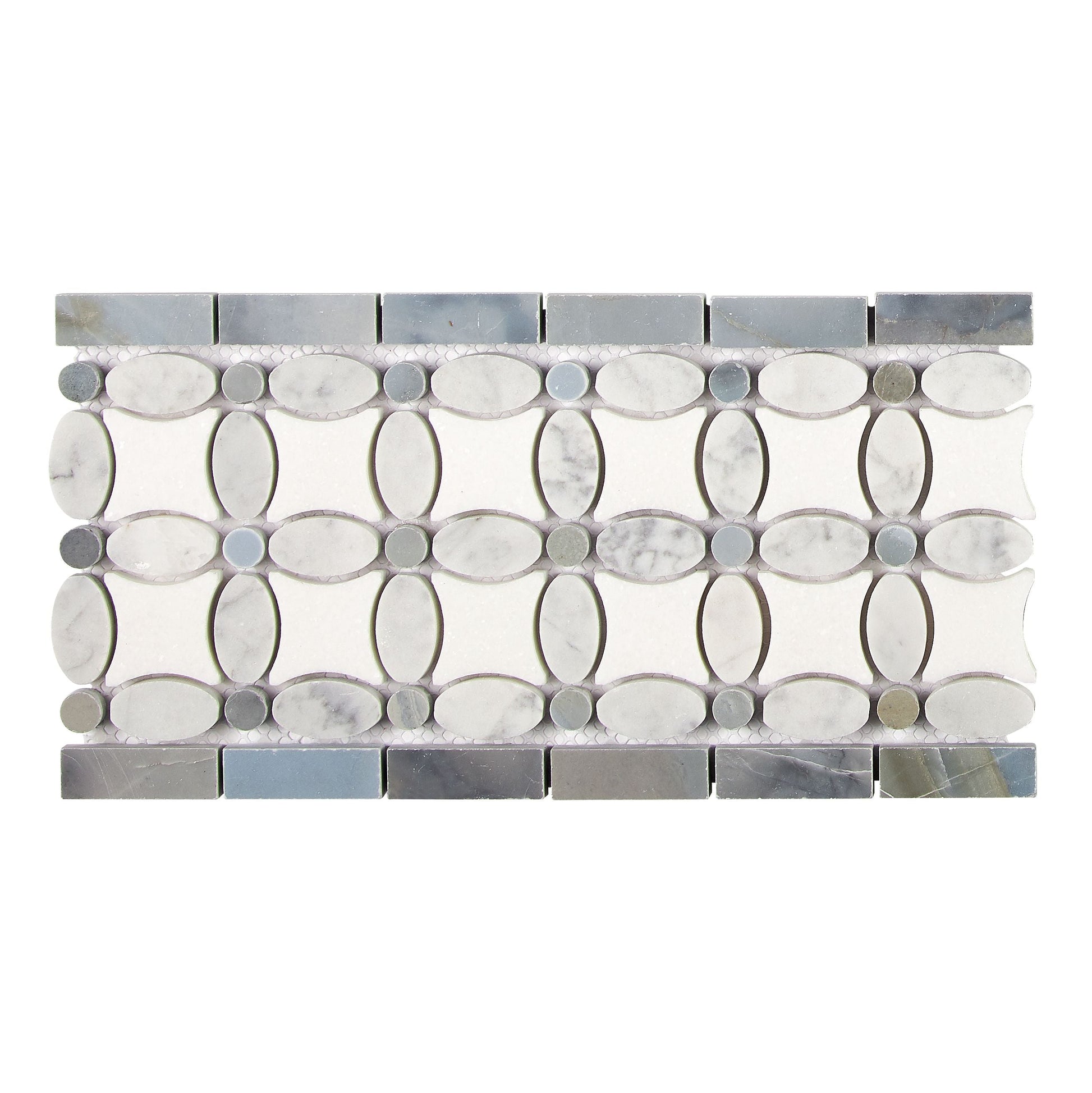 Bianco Carrara White Marble 5-3/4’’ X 11-1/4’’ Florida Flower Border (w/ Blue-Gray) Accent & Trim Tile
