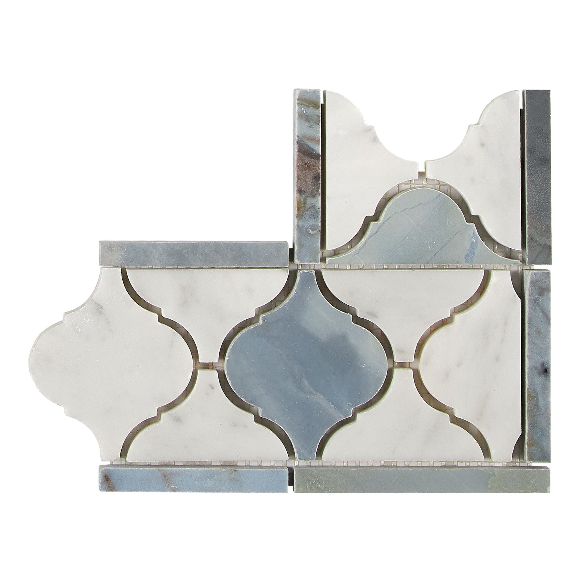 Bianco Carrara White Marble Lantern Border Corner (w/ Blue-Gray) Accent & Trim Tile