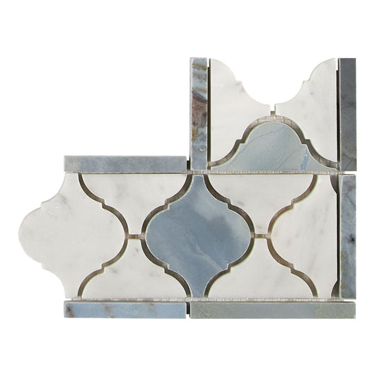 Bianco Carrara White Marble Lantern Border Corner (w/ Blue-Gray) Accent & Trim Tile