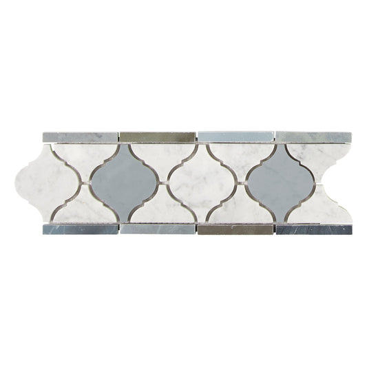 Bianco Carrara White Marble 3-7/8’’ X 11-5/8’’ Lantern Border (w/ Blue-Gray) Accent & Trim Tile