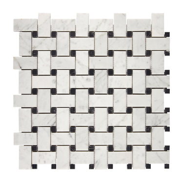 Bianco Carrara White Marble Basketweave Mosaic with Black Wall Tile