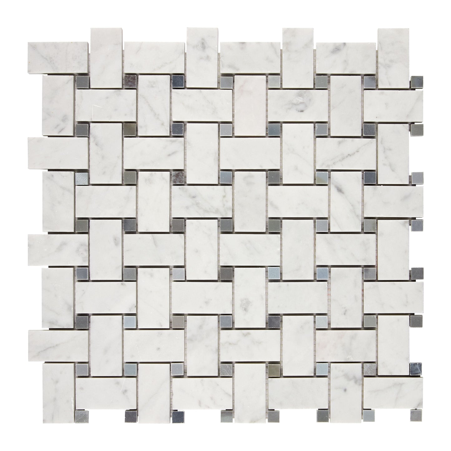 Bianco Carrara White Marble Basketweave Mosaic (w/ Blue-Gray) Wall Tile
