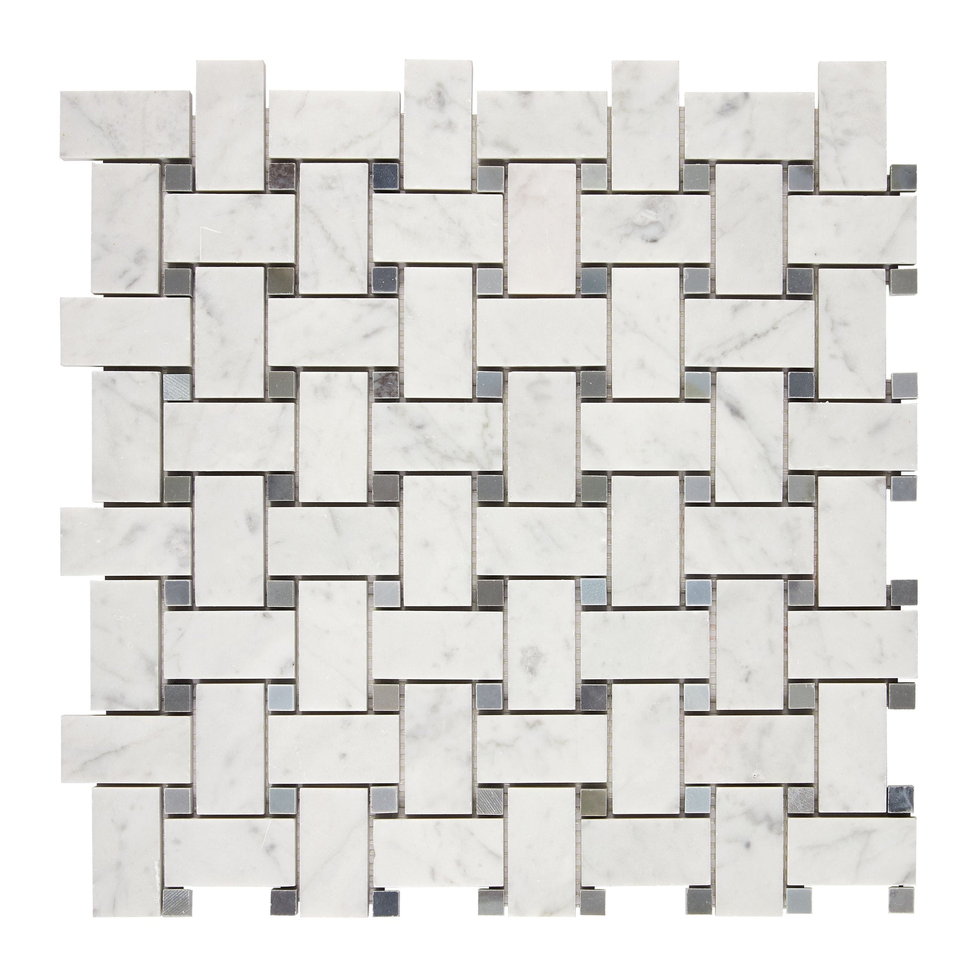 Bianco Carrara White Marble Basketweave Mosaic (w/ Blue-Gray) Wall Tile