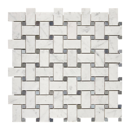 Bianco Carrara White Marble Basketweave Mosaic (w/ Blue-Gray) Wall Tile