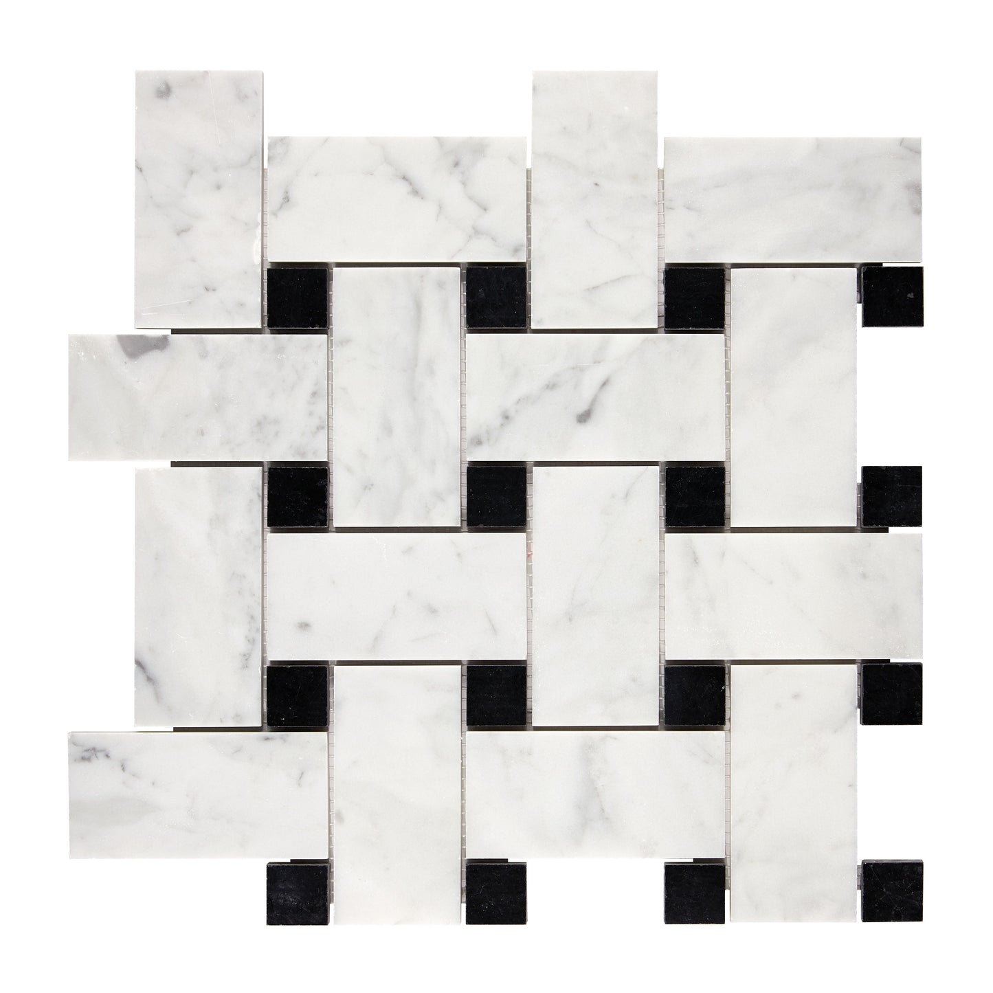 Bianco Carrara White Marble Basketweave Large Mosaic (w/ Black) Wall Tile