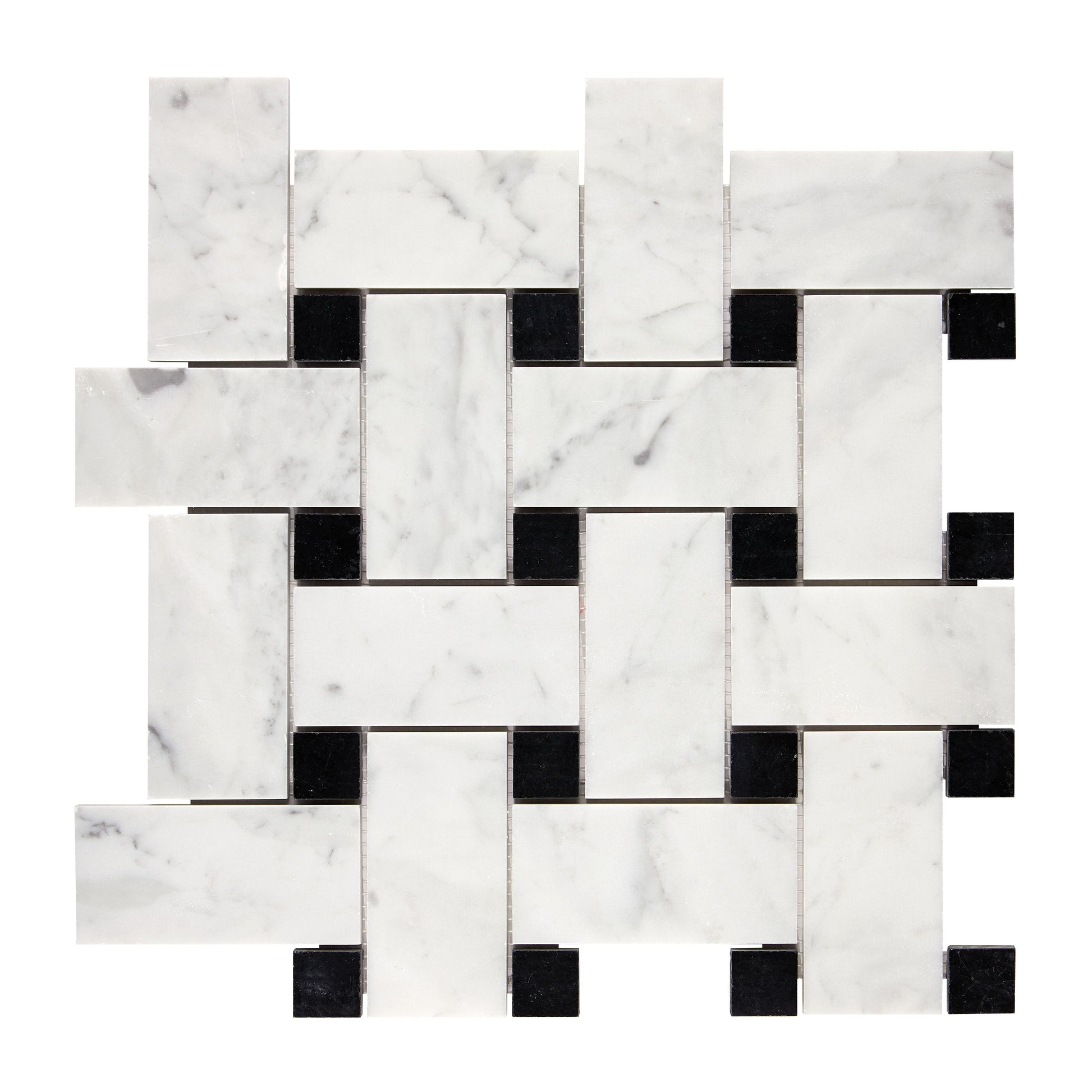 Bianco Carrara White Marble Basketweave Large Mosaic (w/ Black) Wall Tile