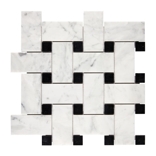 Bianco Carrara White Marble Basketweave Large Mosaic (w/ Black) Wall Tile