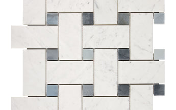 Bianco Carrara White Marble Basketweave Large Mosaic with Blue-Gray Wall Tile