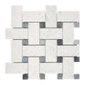 Bianco Carrara White Marble Basketweave Large Mosaic with Blue-Gray Wall Tile