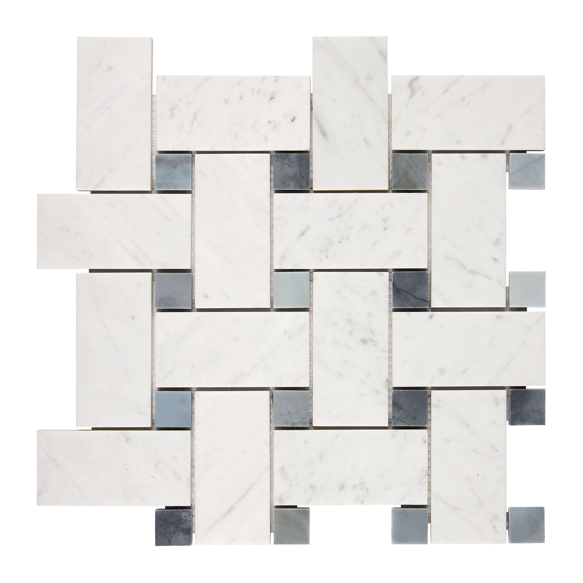 Bianco Carrara White Marble Basketweave Large Mosaic (w/ Blue-Gray) Wall Tile