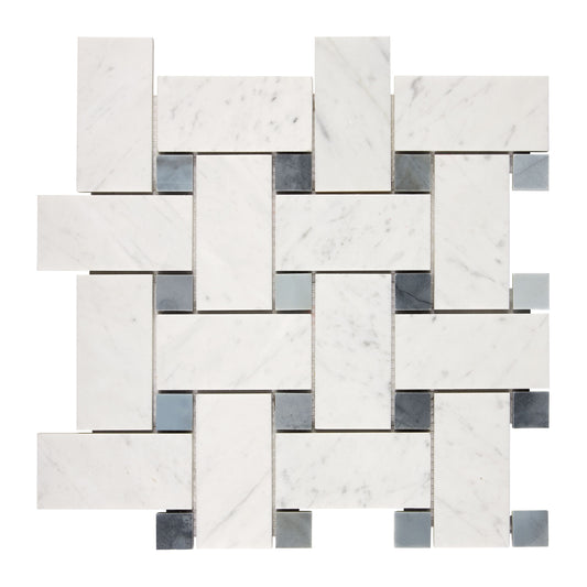 Bianco Carrara White Marble Basketweave Large Mosaic (w/ Blue-Gray) Wall Tile