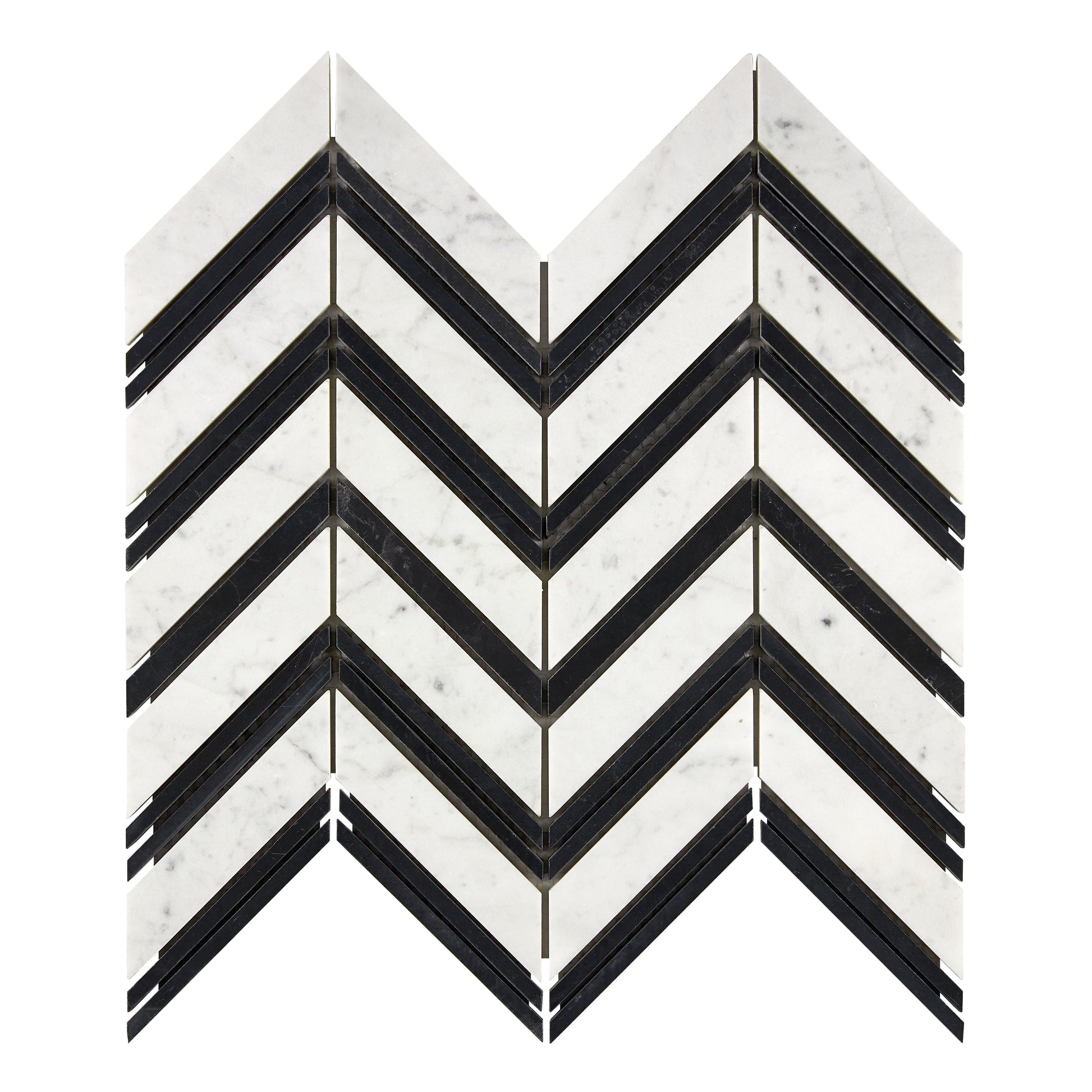 Bianco Carrara White Marble Chevron Large Mosaic (w/ Black) Wall Tile