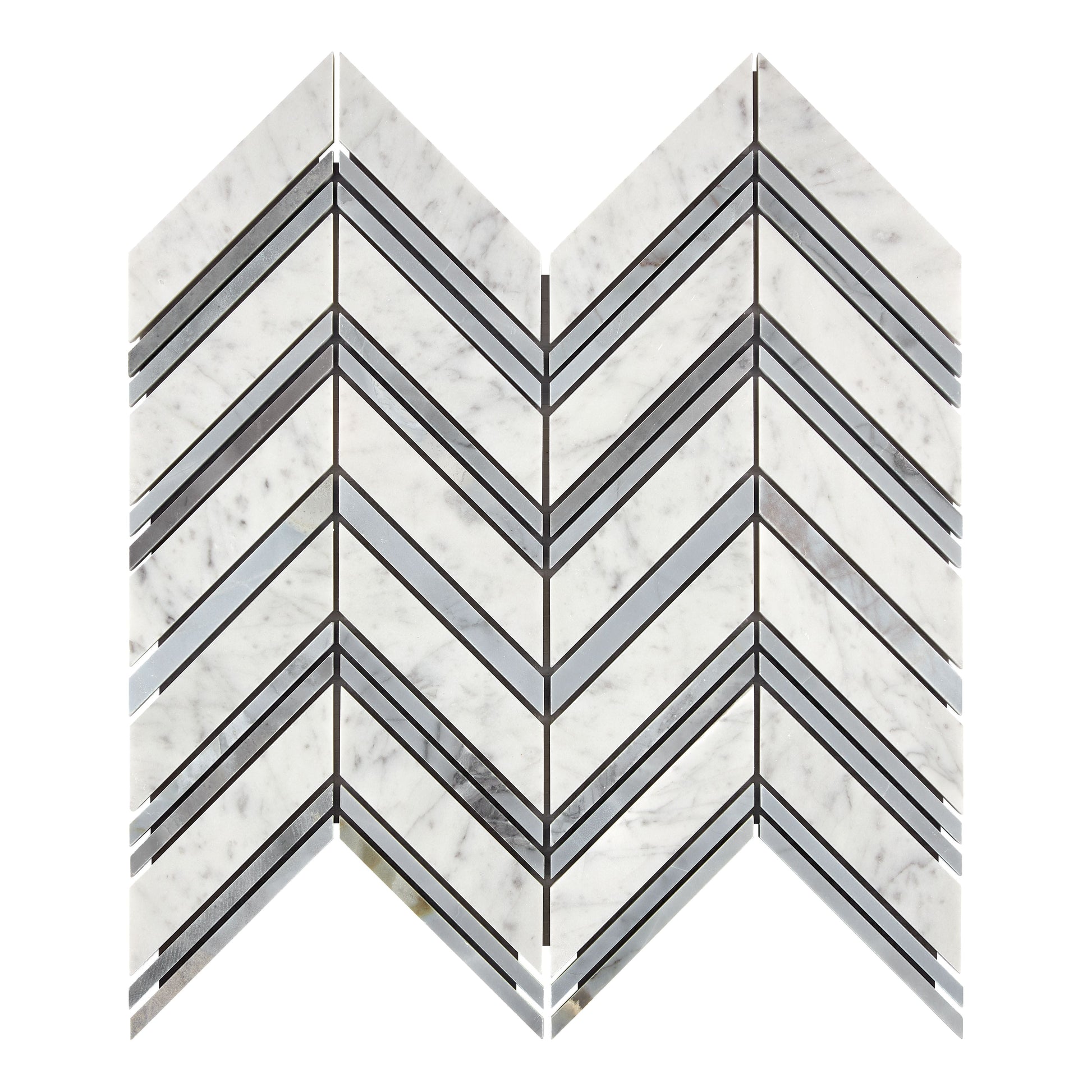 Bianco Carrara White Marble Chevron Large Mosaic (w/ Blue-Gray) Wall Tile