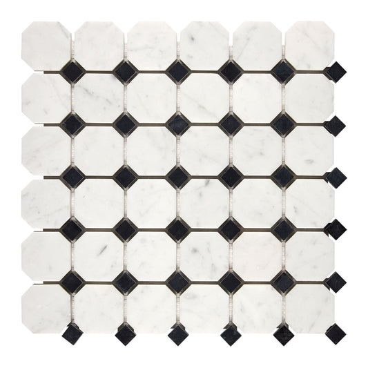 Bianco Carrara White Marble Octagon Mosaic (w/ Black) Wall Tile