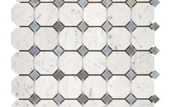 Bianco Carrara White Marble Octagon Mosaic with Blue-Gray Wall Tile