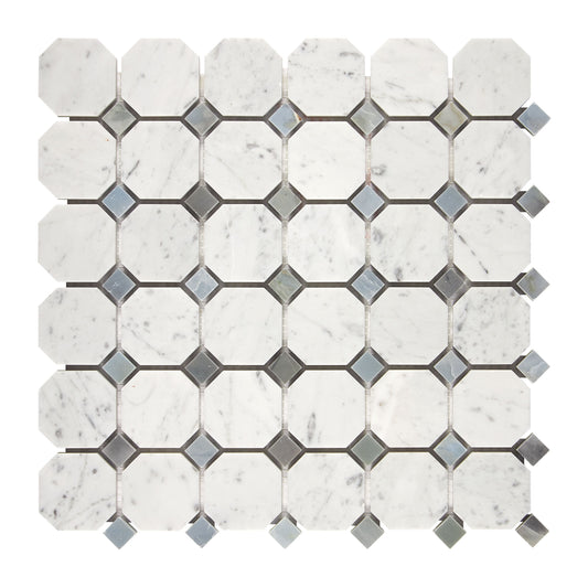 Bianco Carrara White Marble Octagon Mosaic (w/ Blue-Gray) Wall Tile